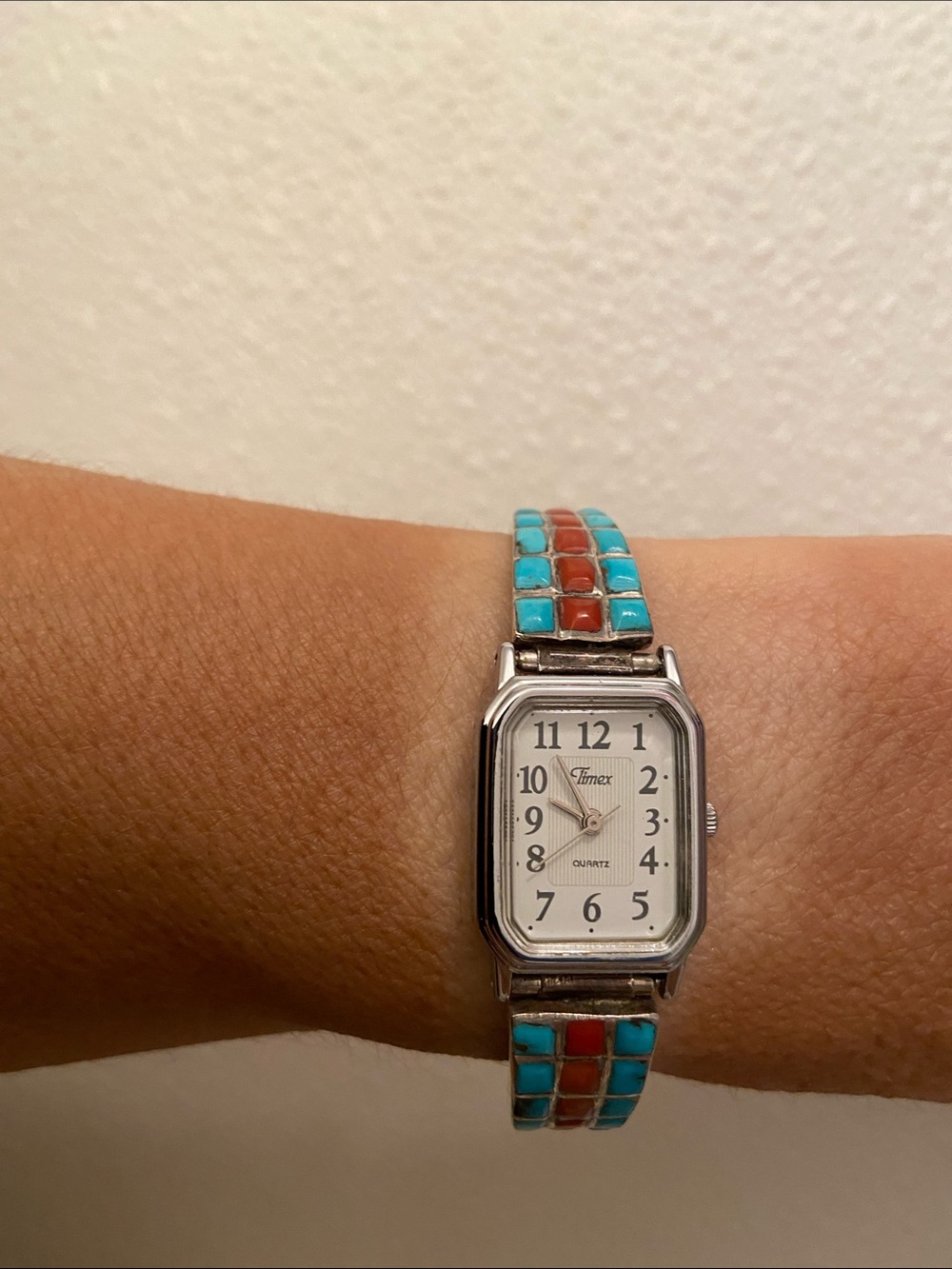 Vintage Women’s Zuni Turquoise Coral Raised Inlay Sterling Silver Watchband - Picture 4 of 6